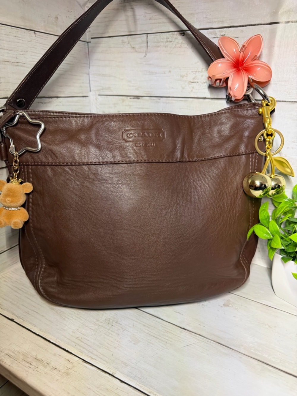 Coach Zoe chocolate Brown Leather Shoulder Bag with Pink Pom Charm